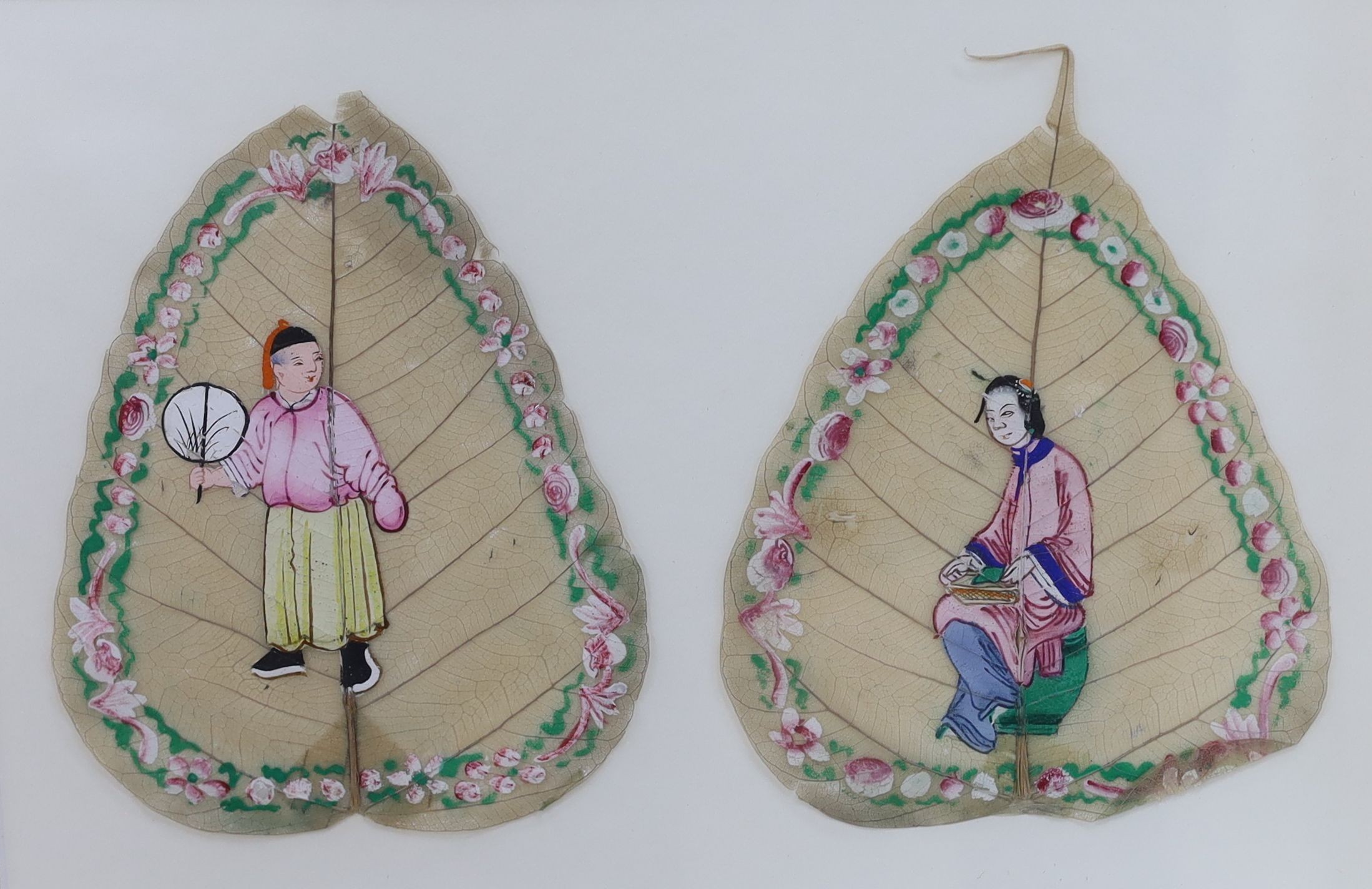 Chinese School, set of ten gouaches on mulberry leaves, Figures within floral borders, each approx. 12 x 12cm, four framed and four unframed